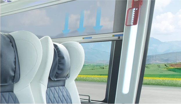 Pull-down high-speed train-type curtain inside a 12m Higer coach bus, providing adjustable shading and passenger comfort.