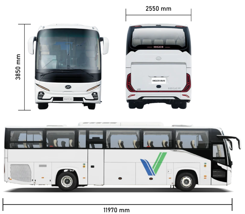 KLQ6121 V Series 12m Higer coach bus dimensions, showing front, rear and side views with overall length of 11,970 mm, width of 2,550 mm and height of 3,850 mm.